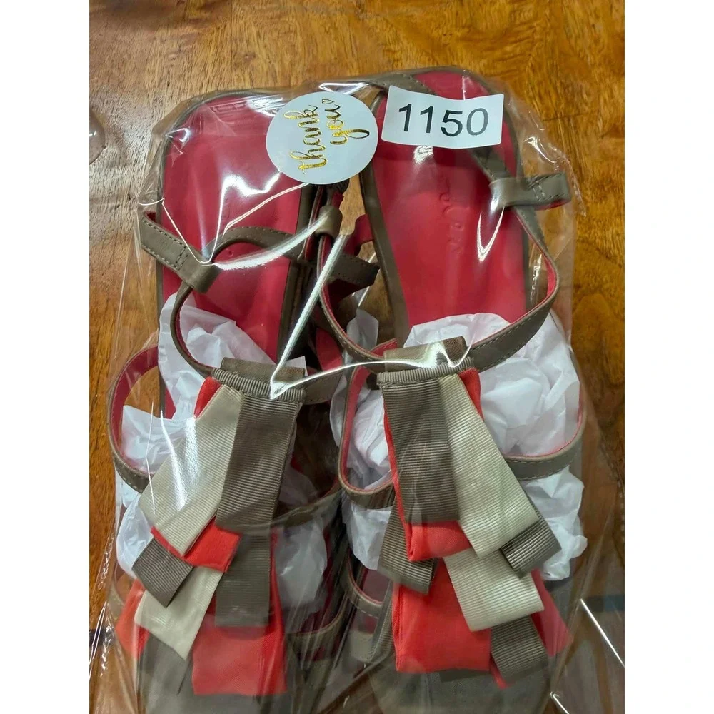 Boden Ruffle Ribbon Cork Wedge Sandals Taupe Pink Orange Size 41 EU 10 US